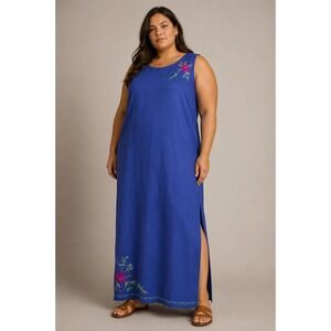 JM Collection Embroidered Maxi Dress 90s Boho Coastal Blue Linen Blend 2X
